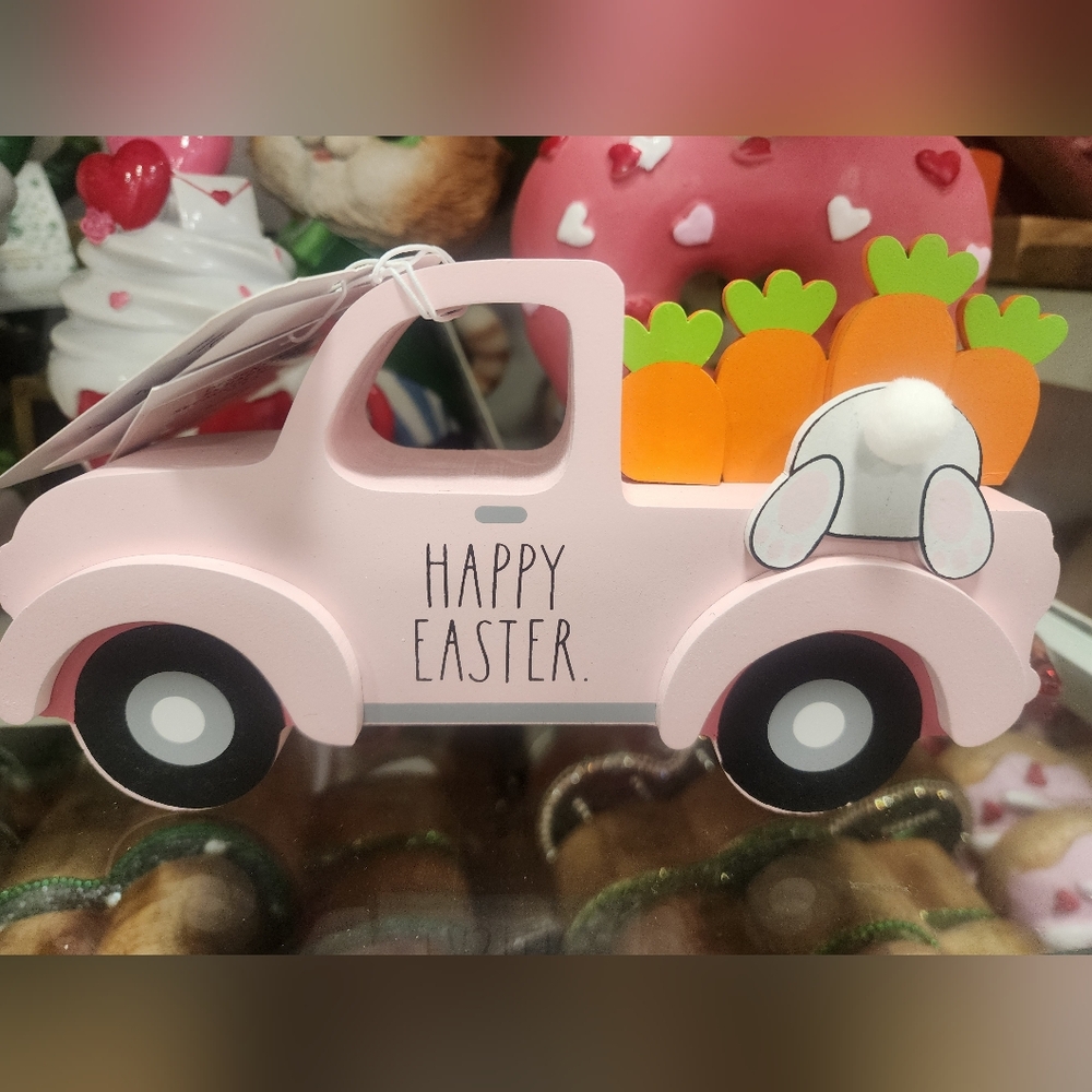 Rae Dunn Wood Pink Easter Bunny Truck Toy